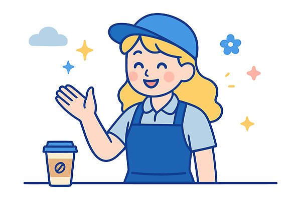 구름 여자 꽃 커피 유니폼 일러스트 친절 한명 미소 상반신 성인 파란색 반짝임 손들기 앞치마 카페 직원 바리스타 아르바이트 캡모자 테이크아웃컵 성인여자한명만 일러캐릭터 AI파일 자연요소 식물 직업 캐릭터 모자_잡화 1 옷 음료 컬러 모션 표정 사람 컵 상점 여자한명만 성인여자만 파일형식 벡터