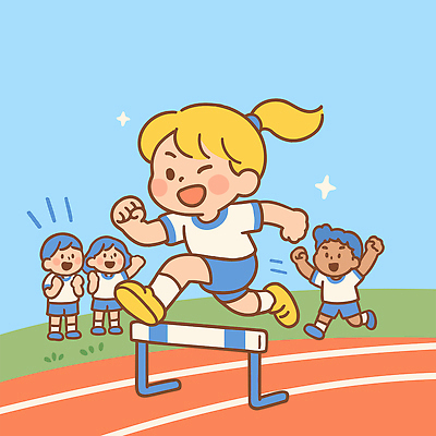 전신 여자 남자 행복 어린이 일러스트 학교 응원 하늘 미소 소녀 소년 잔디 여러명 반짝임 달리기 손들기 점프 파이팅 만세 성장 허들 즐거움 신학기 트랙 체육시간 장애물달리기 어린이만 국내일러스트 AI파일 식물 교육 감정 다수 모션 수업 표정 사람 경기 장애물 파일형식 벡터