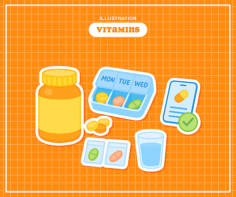 스티커 일러스트 잔 사람없음 물 세트 상자 알약 약 주황색 약병 물컵 체크표시 저장 비타민 요일 약포지 원기회복 국내일러스트 AI파일 자연요소 식기 컬러 의학 컵 날짜 확인 영양소 회복 병_담는 파일형식 벡터