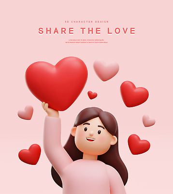PSD 편집이미지 여자 분홍색 3D캐릭터 한명 미소 상반신 성인 3D 손들기 하트 마음 잡기 사랑나눔 점토 성인여자한명만 편집3D 모양 캐릭터 1 컬러 모션 표정 사랑 사람 디지털합성 나눔 여자한명만 성인여자만 파일형식
