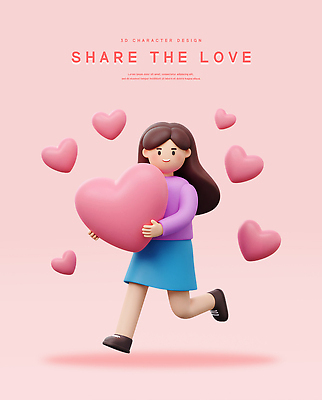 전신 PSD 편집이미지 여자 분홍색 안기 3D캐릭터 한명 미소 들기 성인 달리기 3D 하트 마음 사랑나눔 점토 성인여자한명만 편집3D 모양 캐릭터 1 컬러 모션 표정 사랑 사람 디지털합성 나눔 여자한명만 성인여자만 파일형식