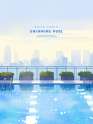 PSD 화분 일러스트 사다리 하늘 수채화 야외수영장 사람없음 건물 여름 파란색 도시 풀 시원함 감성 국내일러스트 식물 건축물 계절 컬러 컨셉 수영장 도구 파일형식