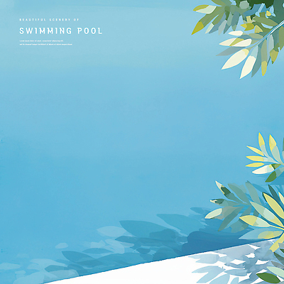 PSD 일러스트 나뭇잎 수채화 야외수영장 그림자 사람없음 여름 파란색 시원함 감성 국내일러스트 계절 컬러 컨셉 잎 수영장 파일형식