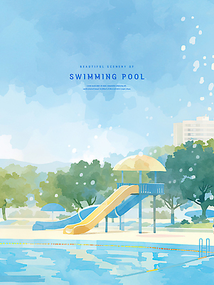 PSD 나무 구름 일러스트 하늘 수채화 야외수영장 사람없음 건물 여름 파란색 미끄럼틀 시원함 감성 국내일러스트 자연요소 식물 건축물 계절 컬러 컨셉 수영장 놀이기구 파일형식