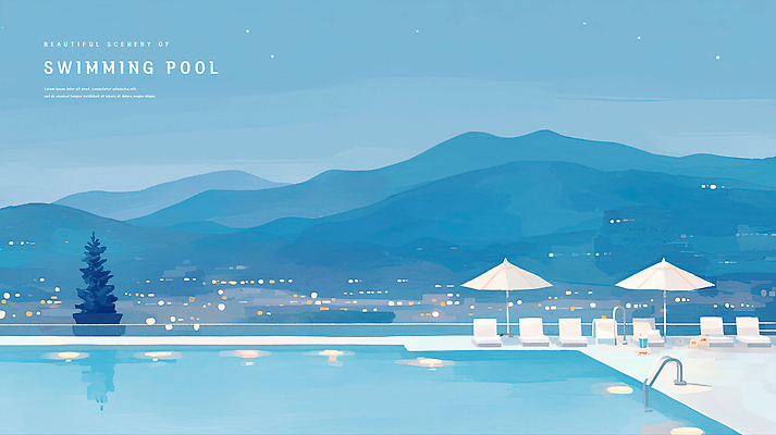 PSD 야경 일러스트 밤하늘 수채화 산 야외수영장 사람없음 여름 파란색 파라솔 저녁 시원함 선베드 감성 여름밤 국내일러스트 계절 컬러 컨셉 의자 하늘 수영장 야간 파일형식 풍경_경치