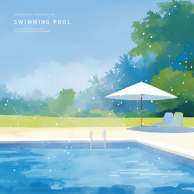 PSD 나무 일러스트 사다리 하늘 수채화 야외수영장 사람없음 여름 파란색 파라솔 숲 시원함 선베드 감성 국내일러스트 식물 계절 컬러 컨셉 의자 수영장 도구 파일형식