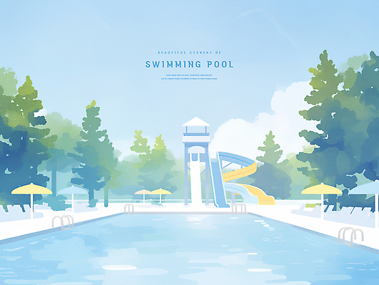 PSD 나무 구름 일러스트 하늘 수채화 야외수영장 사람없음 여름 파란색 파라솔 미끄럼틀 시원함 감성 워터슬라이드 국내일러스트 자연요소 식물 계절 컬러 컨셉 수영장 놀이기구 파일형식