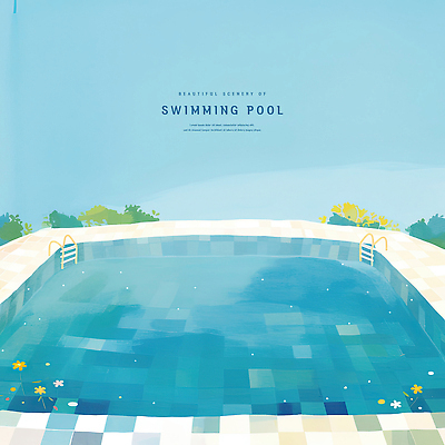PSD 나무 일러스트 사다리 하늘 수채화 야외수영장 사람없음 여름 파란색 시원함 감성 국내일러스트 식물 계절 컬러 컨셉 수영장 도구 파일형식