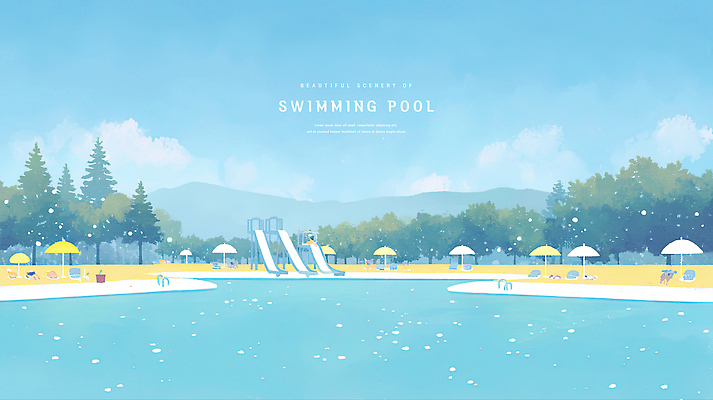 PSD 나무 구름 일러스트 하늘 수채화 산 야외수영장 사람없음 여름 파란색 파라솔 미끄럼틀 시원함 감성 워터슬라이드 국내일러스트 자연요소 식물 계절 컬러 컨셉 수영장 놀이기구 파일형식