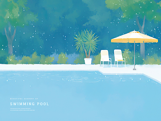 PSD 나무 화분 일러스트 수채화 야외수영장 사람없음 여름 파란색 파라솔 시원함 선베드 감성 국내일러스트 식물 계절 컬러 컨셉 의자 수영장 파일형식