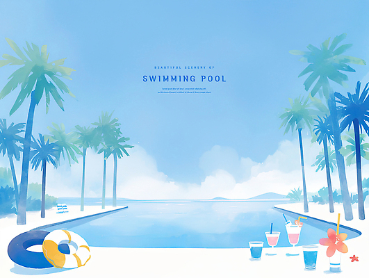 PSD 구름 일러스트 하늘 잔 수채화 야외수영장 사람없음 여름 파란색 야자수 시원함 감성 튜브 음료수병 국내일러스트 자연요소 나무 식기 계절 컬러 컨셉 수영장 병_담는 파일형식