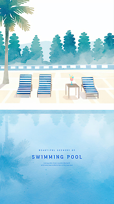 PSD 음료 일러스트 탁자 수채화 야외수영장 사람없음 여름 파란색 야자수 반사 시원함 선베드 감성 국내일러스트 나무 계절 컬러 가구 컨셉 의자 수영장 파일형식