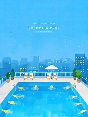 PSD 식물 화분 일러스트 밤하늘 수채화 야외수영장 빌딩 사람없음 여름 파란색 도시 파라솔 저녁 시원함 옥상 선베드 감성 여름밤 국내일러스트 계절 컬러 컨셉 의자 하늘 수영장 건물 야간 파일형식