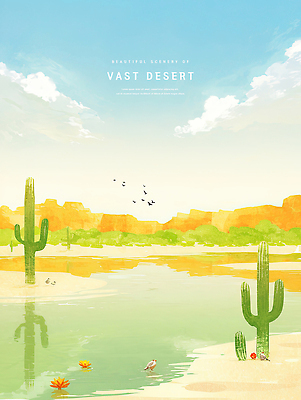 PSD 구름 일러스트 하늘 수채화 선인장 사람없음 반사 골짜기 여름풍경 사막 암벽 감성 새떼 오아시스 국내일러스트 자연요소 식물 컨셉 자연 조류 풍경 파일형식 여름_계절
