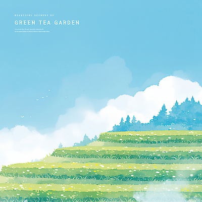 PSD 나무 구름 하늘색 일러스트 자연 하늘 수채화 사람없음 초록색 여름풍경 감성 계단식 녹차밭 싱그러움 국내일러스트 자연요소 식물 컬러 컨셉 밭 풍경 파란색 녹차 생태계 파일형식 여름_계절