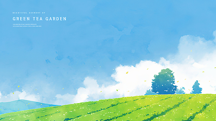 PSD 나무 구름 하늘색 일러스트 자연 하늘 수채화 산 사람없음 여름풍경 감성 녹차밭 싱그러움 국내일러스트 자연요소 식물 컨셉 밭 풍경 파란색 녹차 생태계 파일형식 여름_계절