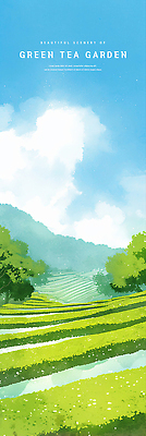PSD 나무 구름 하늘색 일러스트 자연 하늘 수채화 산 사람없음 연두색 여름풍경 감성 녹차밭 싱그러움 국내일러스트 자연요소 식물 컨셉 밭 풍경 초록색 파란색 녹차 생태계 파일형식 여름_계절