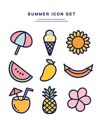 아이콘 해바라기 빨대 사람없음 장식 여름 파라솔 파인애플 망고 해먹 콘아이스크림 더블아이스크림 수박조각 코코넛주스 2D아이콘 IC큐레이션 AI파일 계절 꽃 조각 과일 아이스크림 수박 주스 침대 열대과일 코코넛 파일형식 벡터