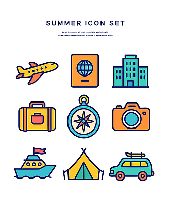 아이콘 호텔 비행기 텐트 사람없음 건물 여름 카메라 여행가방 나침반 여권 천막 캠핑카 선박 2D아이콘 IC큐레이션 AI파일 건축물 계절 수상교통 가방 항공교통 자동차 숙소 대중교통 캠핑도구 전자제품 파일형식 벡터