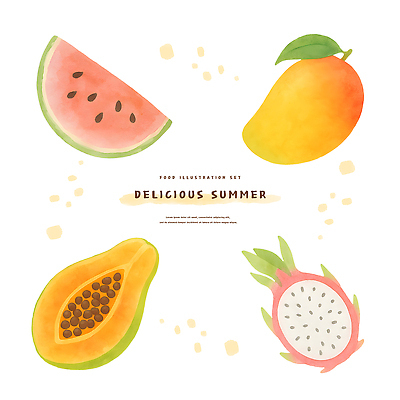 PSD 일러스트 단면 여름음식 사람없음 용과 수박조각 파파야 애플망고 맛있는 국내일러스트 음식 조각 과일 수박 열대과일 망고 파일형식 여름_계절