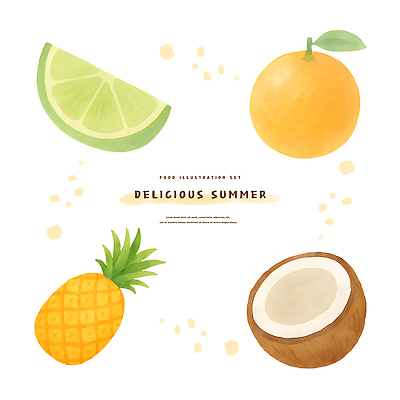 PSD 오렌지 일러스트 단면 여름음식 사람없음 파인애플 라임 코코넛 맛있는 국내일러스트 음식 과일 열대과일 파일형식 여름_계절