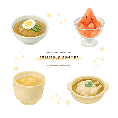 PSD 그릇 일러스트 여름음식 사람없음 컵 뚝배기 냉면 삼계탕 식혜 수박화채 맛있는 국내일러스트 식기 음료 한식 음식 전통차 보양식 화채 파일형식 여름_계절