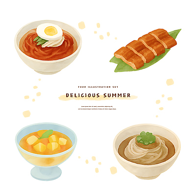 PSD 일러스트 여름음식 사람없음 냉모밀 보양식 삶은계란 장어구이 비빔국수 빙수그릇 망고빙수 맛있는 국내일러스트 그릇 음식 계란 계란요리 메밀국수 장어 국수 생선요리 빙수 몸보신 파일형식 여름_계절
