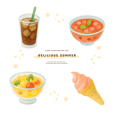 PSD 그릇 일러스트 여름음식 사람없음 콘아이스크림 소프트아이스크림 후르츠칵테일 수박화채 아이스아메리카노 맛있는 국내일러스트 식기 음식 과일 아이스크림 아메리카노 아이스커피 화채 파일형식 여름_계절