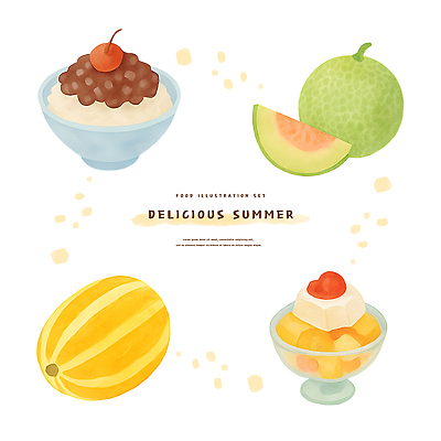 PSD 일러스트 여름음식 사람없음 체리 참외 팥빙수 멜론조각 빙수그릇 망고빙수 맛있는 국내일러스트 그릇 음식 조각 과일 멜론 빙수 파일형식 여름_계절