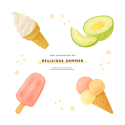 PSD 일러스트 단면 여름음식 사람없음 콘아이스크림 소프트아이스크림 막대아이스크림 멜론조각 맛있는 국내일러스트 음식 조각 아이스크림 멜론 파일형식 여름_계절