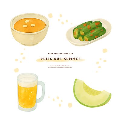 PSD 일러스트 반찬 여름음식 맥주 사람없음 찻잔 맥주잔 오이소박이 멜론조각 수정과 접기 맛있는 국내일러스트 음료 음식 조각 술잔 모션 김치 잔 주류 전통차 멜론 파일형식 여름_계절