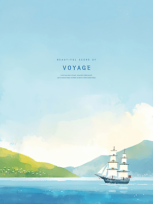 PSD 구름 바다 일러스트 하늘 수채화 산 항해 사람없음 파란색 여름풍경 돛단배 감성 국내일러스트 자연요소 컬러 컨셉 배_교통 풍경 파일형식 여름_계절