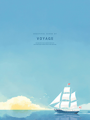 PSD 구름 바다 일러스트 하늘 수채화 항해 사람없음 파란색 반사 여름풍경 낭만 돛단배 감성 새떼 수평선 국내일러스트 자연요소 컬러 컨셉 배_교통 조류 풍경 파일형식 여름_계절