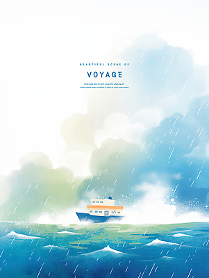 PSD 파도 바다 일러스트 수채화 항해 사람없음 파란색 여름풍경 어선 비 감성 국내일러스트 자연요소 컬러 컨셉 배_교통 날씨 풍경 파일형식 여름_계절