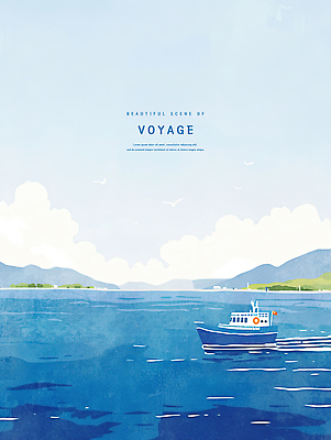 PSD 구름 바다 일러스트 하늘 수채화 산 항해 사람없음 파란색 여름풍경 어선 감성 국내일러스트 자연요소 컬러 컨셉 배_교통 풍경 파일형식 여름_계절