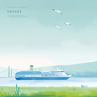 PSD 바다 일러스트 갈매기 하늘 수채화 산 항해 사람 잔디 여러명 파란색 여름풍경 크루즈 감성 국내일러스트 식물 컬러 다수 컨셉 배_교통 조류 풍경 파일형식 여름_계절