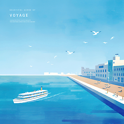 PSD 바다 일러스트 갈매기 하늘 수채화 항해 사람 여러명 건물 파란색 여름풍경 크루즈 감성 새떼 국내일러스트 건축물 컬러 다수 컨셉 배_교통 조류 풍경 파일형식 여름_계절