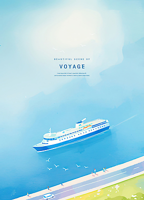 PSD 도로 바다 일러스트 자동차 갈매기 수채화 항해 사람 여러명 파란색 여름풍경 크루즈 감성 국내일러스트 길 육상교통 컬러 다수 컨셉 배_교통 교통시설 조류 풍경 파일형식 여름_계절