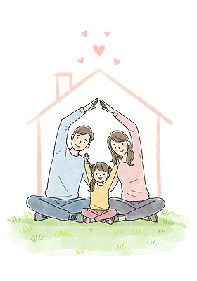 전신 PSD 여자 남자 어린이 일러스트 가족 사랑 미소 소녀 잔디 성인 세명 손들기 만세 하트 소중 가부좌 가정의달 집모양 일러캐릭터 모양 식물 캐릭터 감정 컨셉 관계 모션 표정 사람 앉기 5월 파일형식