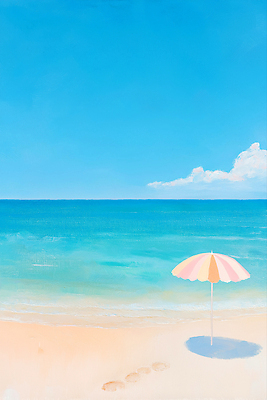 JPG 구름 일러스트 하늘 그림자 해변 사람없음 파란색 모래사장 여름풍경 파라솔 감성 유화 수평선 청량 국내일러스트 AI일러스트 AI콘텐츠 자연요소 바다 컬러 컨셉 미술 풍경 파일형식 여름_계절