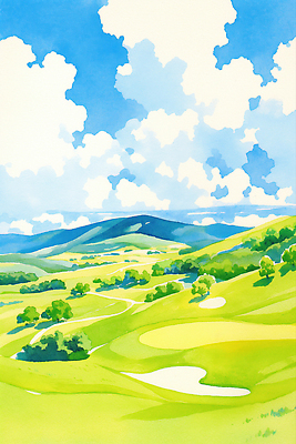 JPG 나무 구름 일러스트 골프장 하늘 산 초원 사람없음 맑음 벙커 언덕 화창 국내일러스트 AI일러스트 AI콘텐츠 자연요소 식물 골프 스포츠시설 날씨 파일형식