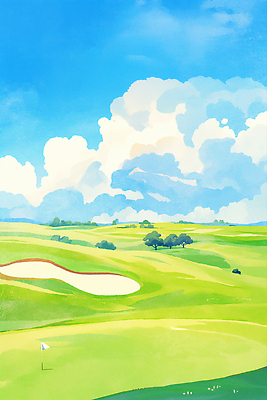JPG 나무 구름 일러스트 골프장 하늘 초원 사람없음 맑음 벙커 언덕 골프깃발 화창 국내일러스트 AI일러스트 AI콘텐츠 자연요소 식물 골프 스포츠시설 날씨 깃발 파일형식