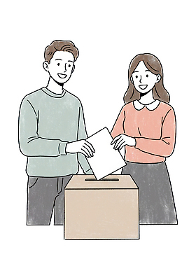 PSD 여자 남자 일러스트 미소 들기 성인 두명 투표 선거 민주주의 투표용지 투표함 넣기 성인만 대통령선거 국내일러스트 모션 표정 사람 파일형식