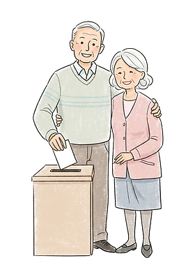 전신 PSD 여자 노년 남자 일러스트 미소 들기 두명 투표 선거 민주주의 투표용지 투표함 감싸기 넣기 노인만 어깨에손 대통령선거 국내일러스트 모션 표정 사람 성인 성인만 파일형식