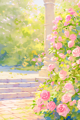 JPG 일러스트 봄꽃 사람없음 담장 햇빛 장미 계단 정원 봄풍경 기둥 돌계단 국내일러스트 AI일러스트 AI콘텐츠 건축 꽃 풍경 태양 봄 돌_바위 파일형식