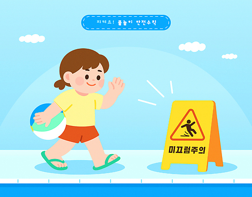 전신 여자 교육 어린이 하늘색 일러스트 물놀이 수영장 한명 미소 들기 소녀 여름 손들기 걷기 비치볼 안전수칙 체조 조심 미끄럼주의 주의표지판 소녀한명만 국내일러스트 AI파일 1 계절 공 모션 놀이 바캉스용품 표정 경고 안전 사람 파란색 운동 표지판 여자한명만 소녀만 파일형식 벡터