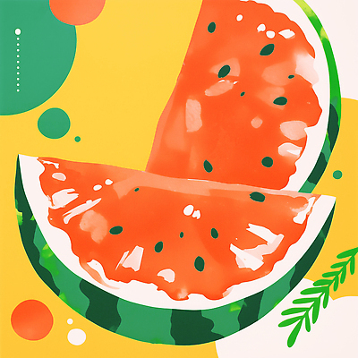 JPG 잎 일러스트 단면 여름음식 사람없음 빨간색 수박조각 여름배경 제철과일 국내일러스트 AI일러스트 AI콘텐츠 식물 음식 컬러 조각 백그라운드 과일 수박 제철 파일형식 여름_계절