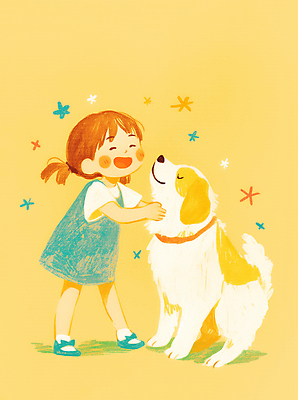 JPG 전신 여자 행복 어린이 일러스트 가족 안기 한명 미소 소녀 노란색 귀여움 강아지 파스텔 개목걸이 소녀한명만 국내일러스트 AI일러스트 AI콘텐츠 1 감정 컬러 컨셉 관계 모션 학용품 표정 사람 반려동물 개 애견용품 여자한명만 소녀만 파일형식