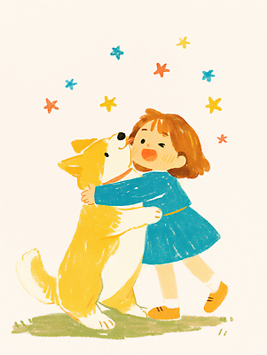 JPG 전신 여자 행복 별 어린이 일러스트 가족 포옹 한명 미소 소녀 귀여움 강아지 메롱 파스텔 개목걸이 웰시코기 소녀한명만 국내일러스트 AI일러스트 AI콘텐츠 자연요소 1 감정 컨셉 관계 안기 모션 학용품 표정 사람 반려동물 개 애견용품 여자한명만 소녀만 파일형식