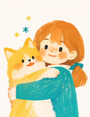 JPG 여자 행복 어린이 일러스트 가족 포옹 한명 미소 소녀 상반신 귀여움 강아지 파스텔 웰시코기 소녀한명만 국내일러스트 AI일러스트 AI콘텐츠 1 감정 컨셉 관계 안기 학용품 표정 사람 반려동물 개 여자한명만 소녀만 파일형식